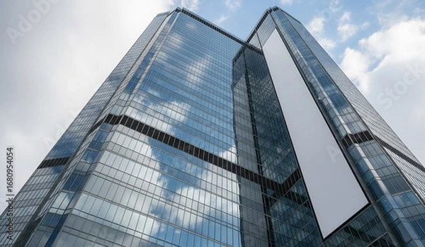 Fototapeta  A low-angle shot of a modern, glass skyscraper reflecting the blue sky and clouds, with a large, blank white banner for advertising or a corporate logo.
