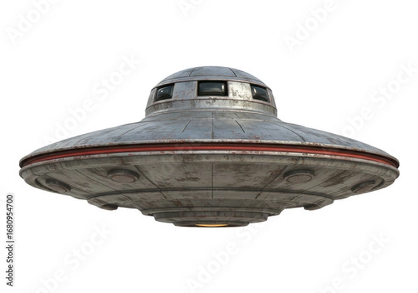 Fototapeta Isolated futuristic UFO craft spacecraft, metallic with red highlights for sci-fi concept