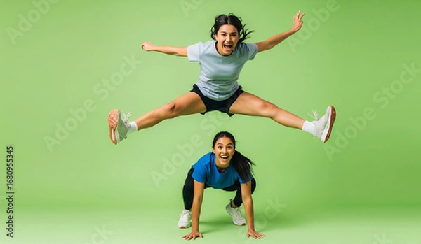 Fototapeta Two energetic and happy women in athletic wear have fun working out together, with one jumping high in a star shape while the other holds a squat, a picture of supportive friendship.