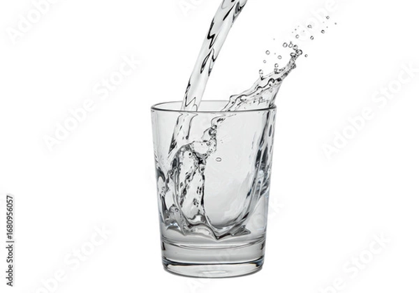 Fototapeta Isolated glass cup with splashing drinking water, clean refreshment for hydration drink