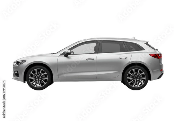 Fototapeta Isolated all-electric silver crossover utility vehicle on display in a studio shot