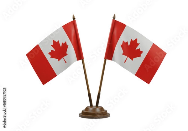 Fototapeta Isolated Canadian flags on table stand, national flags of Canada with maple leaf design