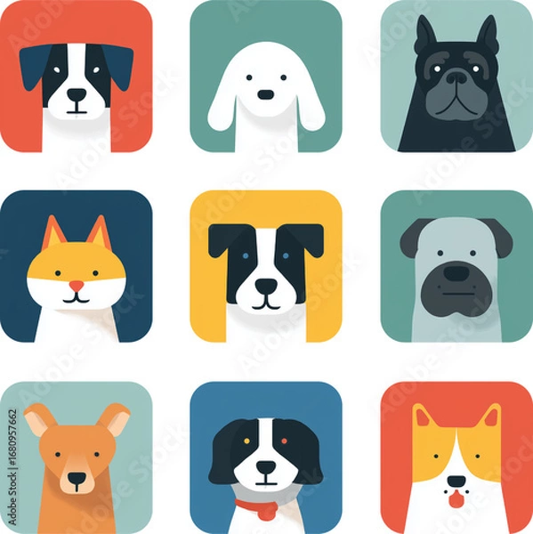 Obraz Set of funny pet avatars, flat design, transparent background, PNG