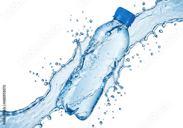 Fototapeta Isolated still life of a refreshing, reusable plastic water bottle splashing with fresh water