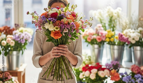 Fototapeta A woman's hands hold a large, beautiful, and vibrant bouquet of fresh, colorful flowers, with her face hidden, a perfect image for a florist, gift, or celebration.