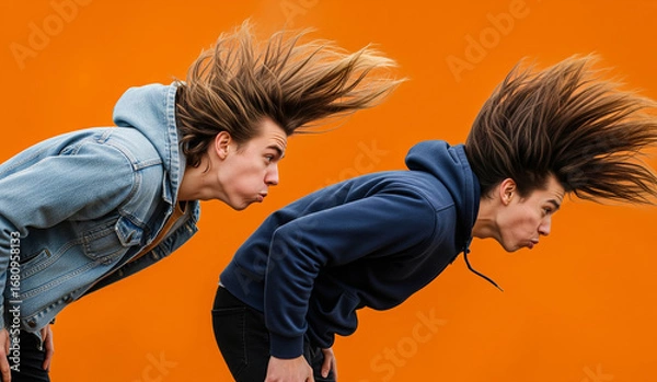 Fototapeta A dynamic and energetic portrait of two young men with their hair flying, as if blown by a strong wind or headbanging to music, a fun and wild moment.