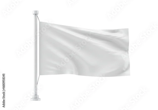 Fototapeta Isolated white flag on pole mockup waving in the wind for text placement, message space