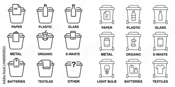 Fototapeta Set of 18 recycling bin icons for waste sorting in minimalist outline style – clean PNG pack for eco education and signage