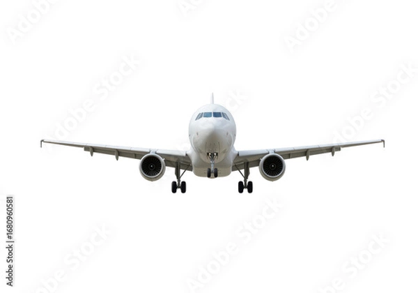 Fototapeta Isolated passenger airliner approaching, flying straight toward the viewer, low angle view
