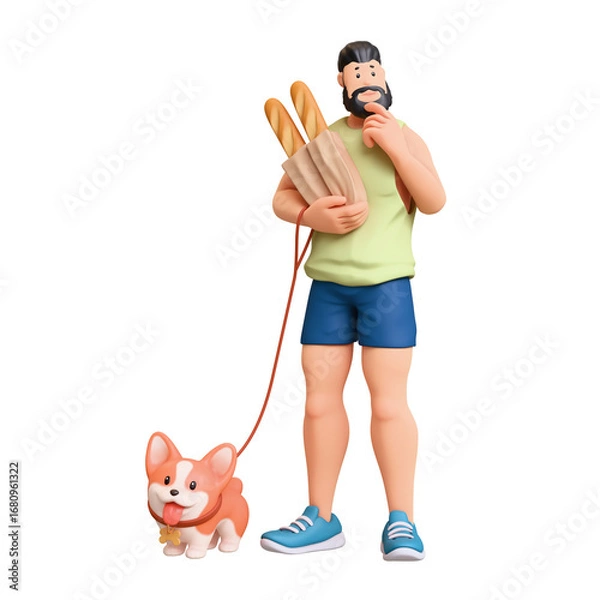 Fototapeta 3d rendering of stylized thoughtful bearded muscular man in green tank top, shorts holding paper bag with baguettes, standing touches chin with hand thinking, holds corgi dog on leash white background