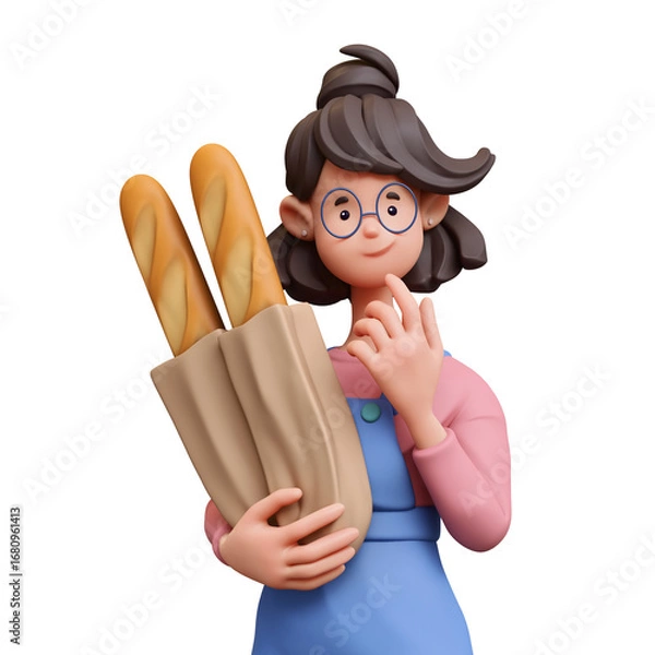 Fototapeta 3d rendering portrait of stylized thoughtful asian brunette girl in blue glasses, casual fashion clothes, holding paper bag with baguettes, shopping touches chin with hand thinking on white background