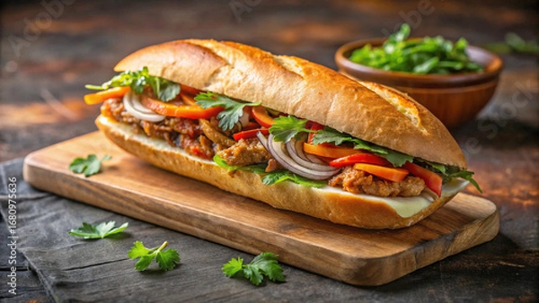 Obraz Vietnamese street food featuring crispy Vietnamese banh mi sandwich, beautifully displayed on cutting board.