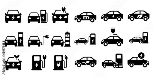 Fototapeta Set of 18 minimalist PNG icons of electric cars, plugs and charging stations for apps, web, maps and signage
