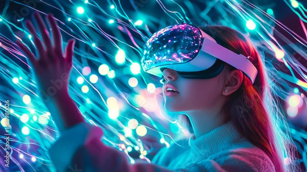 Fototapeta A kid girl interacts with a neural network display. Generative AI.