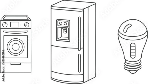 Fototapeta Adobe Illustrator Artwork A vector line art illustration of household appliances including a washing machine, refrigerator, and light bulb
