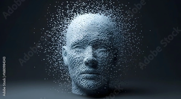 Obraz Digital human head constructed from small cubes with particles dissipating around the head area