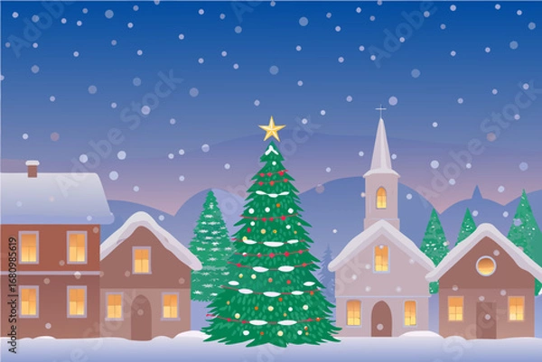 Fototapeta a cozy village scene with snowfall christmas tree and church
