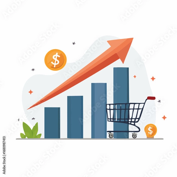 Fototapeta Upward trending bar graph illustrating sales growth, depicted with a shopping cart and rising arrow.