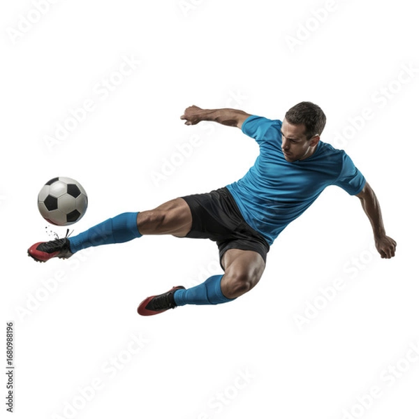 Fototapeta Soccer player kicking ball in midair isolated on transparent background in studio