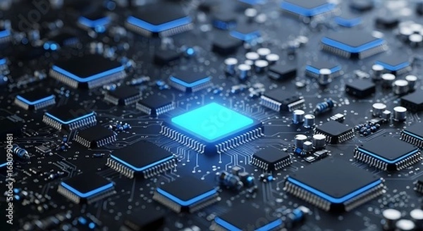 Fototapeta A close up view of a dark circuit board with a bright blue central processor and other components