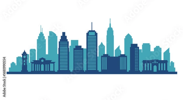 Fototapeta Modern city skyline silhouette with tall buildings and classic architecture in blue and teal tones