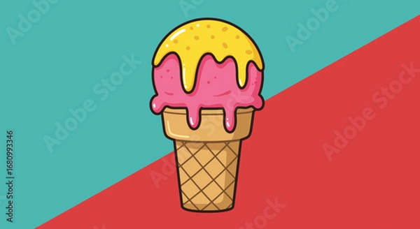 Fototapeta Vibrant cartoon illustration of a dripping strawberry and vanilla ice cream cone on a split background