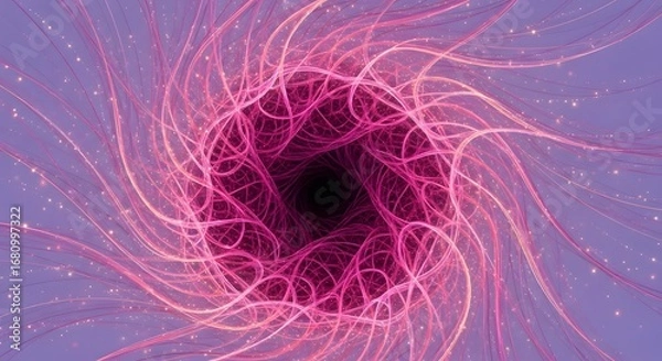 Fototapeta Abstract pink and purple vortex with glowing lines and sparkles leading to black center