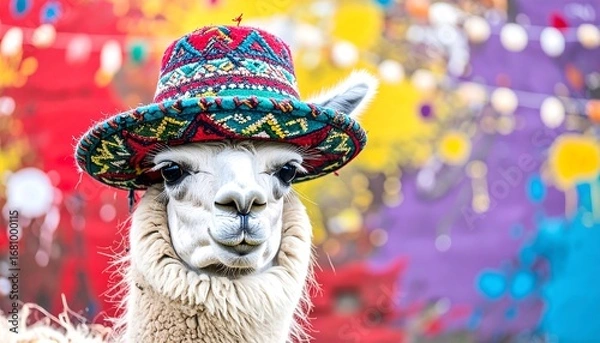 Obraz A llama sporting a vibrant, patterned hat gazes directly at the camera against a backdrop of colorful splashes.