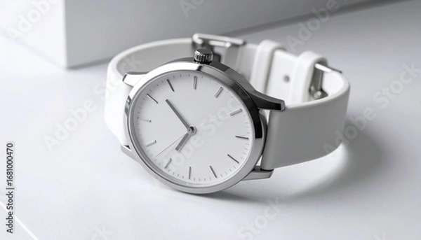 Fototapeta Minimalist white wristwatch on clean background