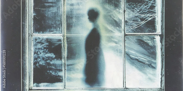 Fototapeta Blurred ghostly figure behind a glass window creating an eerie atmosphere