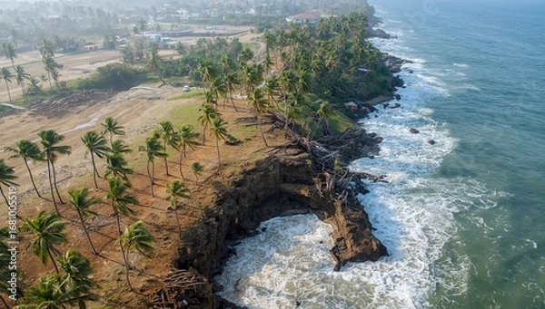Obraz Aerial view of a coastal area eroded by rising sea levels and powerful waves