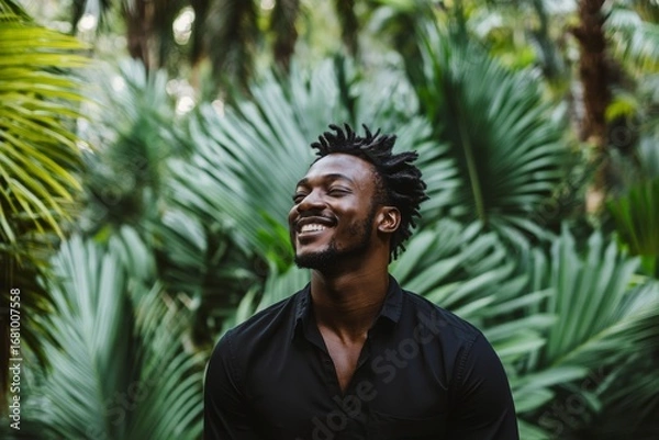 Obraz Smiling african man in black clothes in tropical background with palms