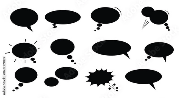 Fototapeta Collection of various black speech bubbles and thought clouds on white background