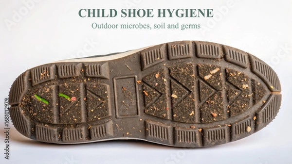 Obraz Childhood bacteria influence immune development. Shoe sole emphasizing hygiene concerns related to outdoor microbes and dirt.