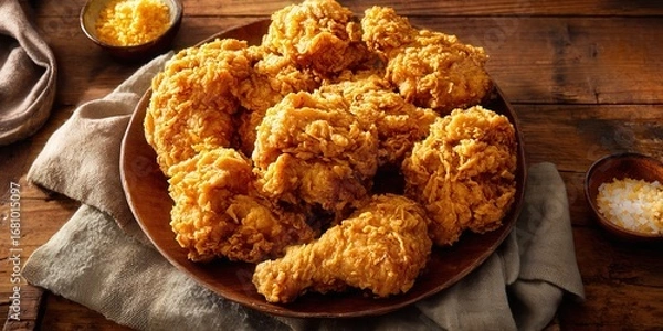 Fototapeta Deliciously Crispy Fried Chicken Served on a Rustic Wooden Table