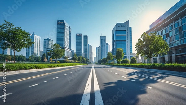 Fototapeta Asphalt road leading to modern urban skyline with city architecture view