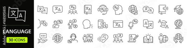 Fototapeta Language set of web icons in line style. Translation and communication linear icon collection. Containing translate, writing, speech, speaking, dictionary, text, language. Editable stroke