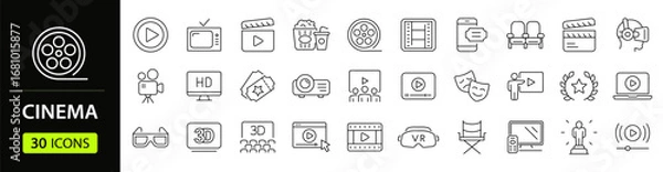 Fototapeta Cinema set of web icons in line style. Movie and Film linear icon collection. Containing video, movie theater, 3d, vr, popcorn, ticket, director, soundtrack and more. Editable stroke