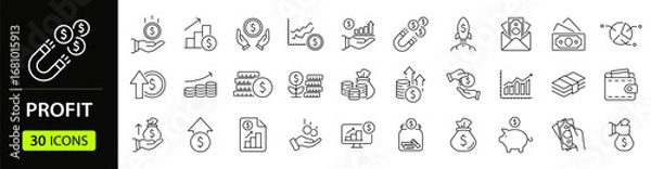 Fototapeta Financial profit set of web icons in line style. Money income linear icon collection. Containing money savings, finance, growth, investment, payment, earnings, management and more. Editable stroke