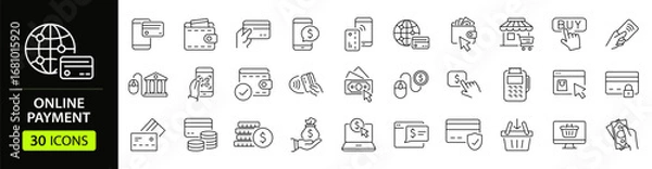 Fototapeta Online payment set of web icons in line style. Payment linear icon collection. Containing cashless wallet, e-wallet, money transfer, banking, credit card, cash, transaction more. Editable stroke