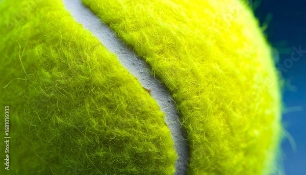 Fototapeta A detailed macro shot of a fuzzy yellow tennis ball with its white seam against a blue background.