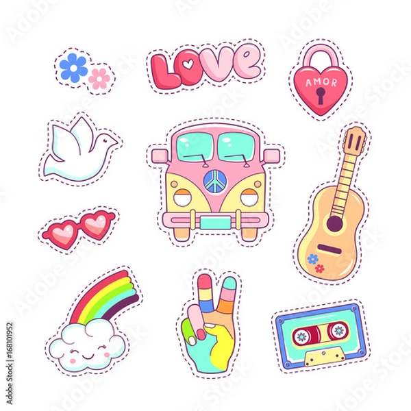 Fototapeta Hippie style badges patches and stickers with van guitar rainbow and dove. Pop art comic icons vector set