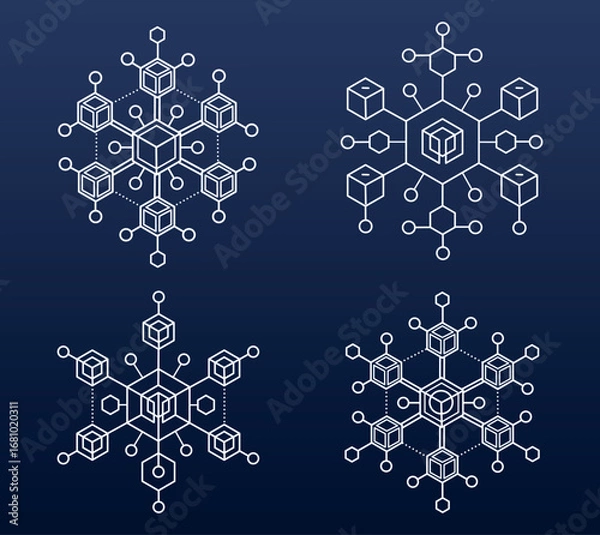 Obraz Blockchain Network Concept with Snowflake Structure. Digital Cryptocurrency System in a Geometric Design