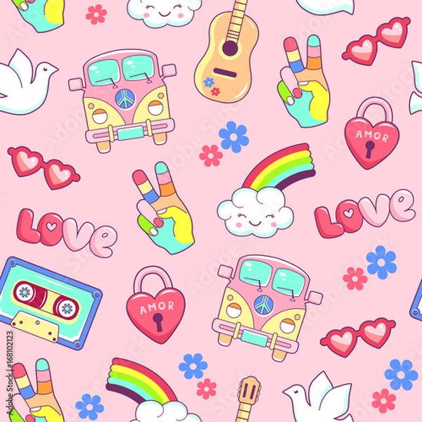 Fototapeta Hippie style seamless pattern with van guitar rainbow and dove. The pattern can be repeated without any visible seams