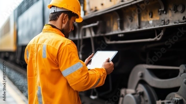 Fototapeta Worker using tablet to monitor train operations railway station industrial scene urban environment close-up view technology and safety insights