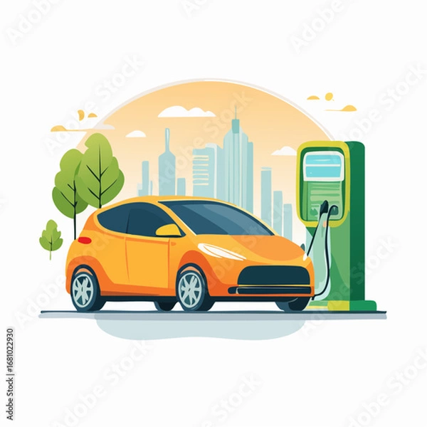 Obraz Orange Electric Car Charging At Charging Station In Cityscape