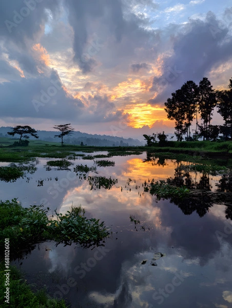 Obraz Serene Sky Reflection on Water at Sunrise, Dramatic Clouds