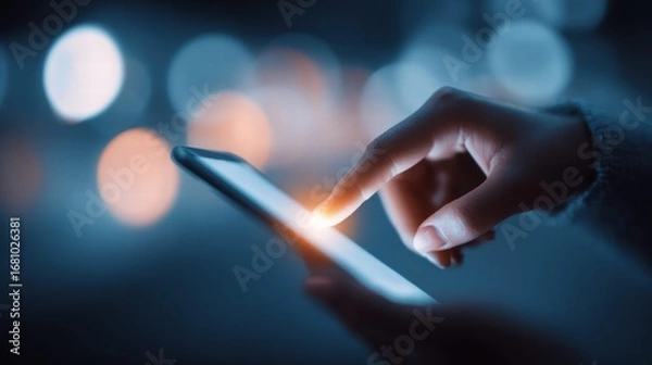 Fototapeta Finger touching a smartphone screen, highlighting digital interaction with a cool toned aesthetic.