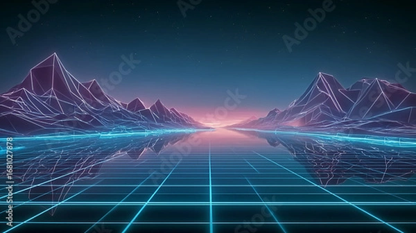 Fototapeta Abstract Luminous Wireframe Mountain with Grid Landscape Scene Illustration. Ai Generated Images