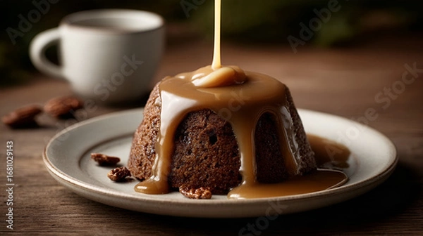 Fototapeta Delicious Sticky Toffee Pudding with Caramel Sauce Culinary Still Life. Ai Generated Images